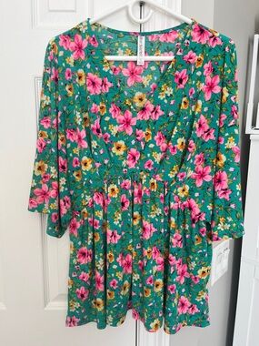 Dear Scarlett Floral Teal Babydoll Tunic with Pink & Yellow Blooms